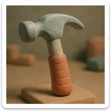 A claymation hammer with a rubber handle and a smooth metallic head, matte texture with visible fingerprints, pastel colors sticker