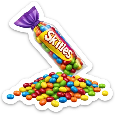 A vibrant rainbow-colored Skittles package with only bright green candies spilling out. The package is very colorful with red, orange, yellow, purple and blue, while all the candies are exclusively green. sticker