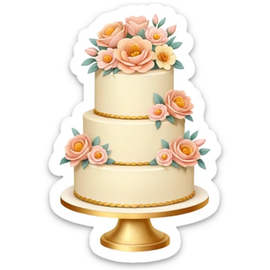 Romantic pastel wedding cake with warm-colored flowers on a gold plate sticker