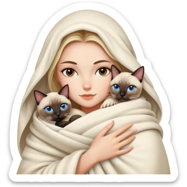 A beautiful and sexy Caucasian girl wrapped in a blanket hugging a Siamese cat sticker