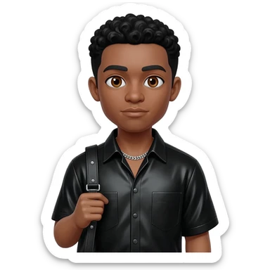 Teddy Riley with brown eyes, black hair, black metallic shirt, black metallic baggy dress pants, silver necklace sticker