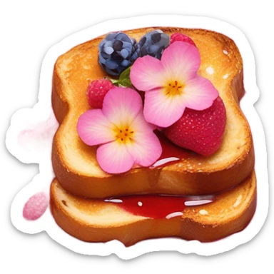 French Toast with pink syrup garnished with flowers and fruit on a pink glitter plate sticker