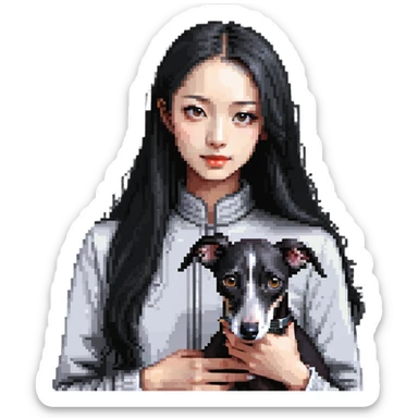 Slim Chinese girl with long black hair and her completely solid grey Italian greyhound in a cozy home setting with a fireplace, no white markings on the dog sticker