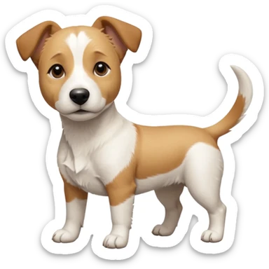 a full body facing front on of a buff white beagle cross jack russell terrier looking dog the size of a kelpie with light brown long ears resting on its face and a light brown patch above one eye and a large snout. the rest of the dog is completely white.  sticker