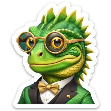 rich capitalist iguana head with golden glossy sunglasses sticker