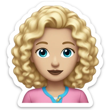 White woman mid length curly blonde hair blue eyes pink lips pink clothes sticker