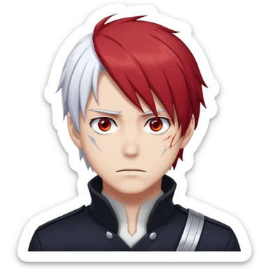 Shoto Todoroki face only, left side white hair, right side red hair, heterochromatic eyes, burn scar on left side of face, serious expression sticker