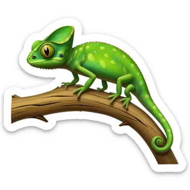 A small green chameleon, with large, expressive eyes, perched on a branch. sticker