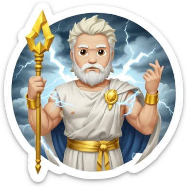 portrait of Zeus, muscular old man with white beard and hair, wearing white toga with gold trim, holding lightning bolt, standing on storm clouds sticker
