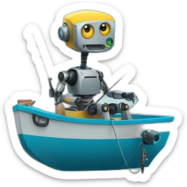 robot sit on boat with a fishing rod sticker