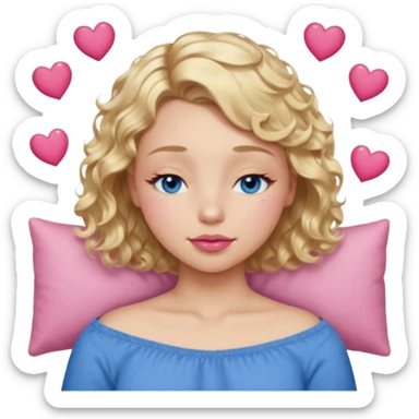 Girl Blonde short wavy hair,  blue eyes, cute blue top, long lashes, pink lips, sleeping eyes closed, hearts  sticker