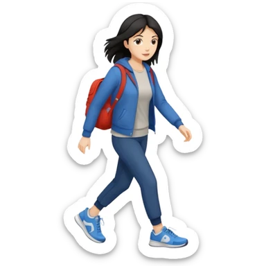 iOS emoji style - a dark haired woman in casual clothes and wearing trainers. Walking quickly. She does not have a bag or backpack.

 sticker