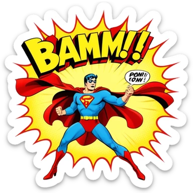Icon for Vintage American Comics: an open comic book with retro illustrations of classic superheroes, with bold action text like "BAM!" and "POW!" and vibrant colors. The icon should evoke the golden age of American comics. Transparent background. sticker