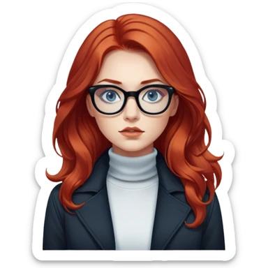 Nữ 25 tuổi, da trắng, tóc dài xoăn nhẹ màu đỏ, gọng kính màu đen, mắt kính màu xanh dương, mặt nghiêm túc, lông mi dài, trang điểm khá đậm, áo khoác cổ cao màu đen, áo trong màu trắng sticker