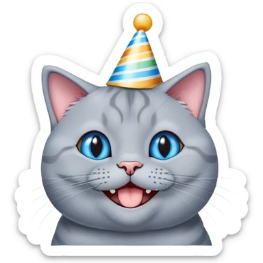 Happy British shorthair blue cat with a big smile wearing a colorful birthday hat sticker
