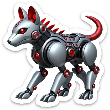 Futuristic mechanical cyborg modern badass cool shiny metallic alloy silver-grey obsidian-black crimson-red white animal hybrid Fakemon full body with intricate patterns sticker