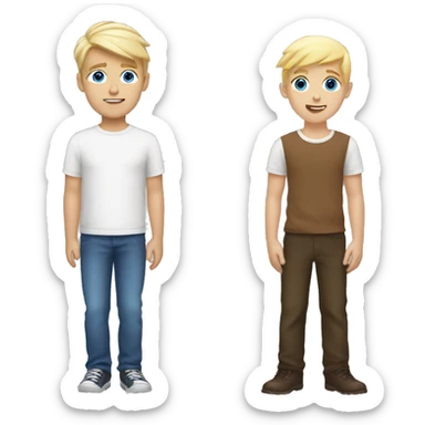 two blonds boys with blue eyes, one short and one tall next to a brunette with brown eyes of medium height sticker