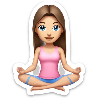 Brunette long hair and bright blue eyes yoga beautiful girl in light pink pink pink clothes sitting on a yoga mat sticker