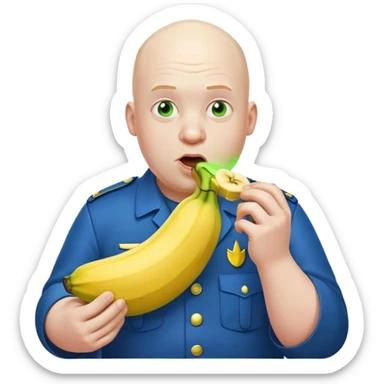bald a bit fat man in a blue uniform eating a toxic banana sticker