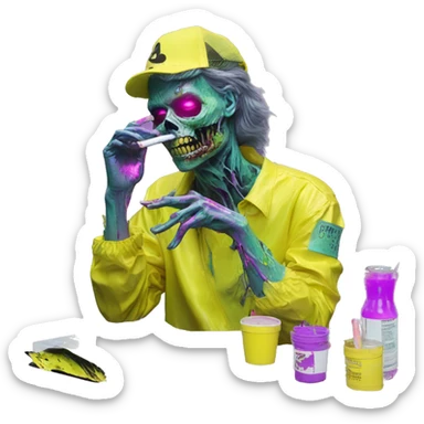 .Zombie_ Smoking Vaporwave black holographic oilslick zombie unicorn yellow caution tape  sticker