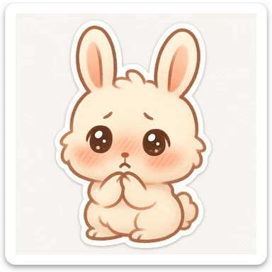chibi sticker of a fluffy bunny, big sparkling eyes, soft fur, pink cheeks, bashful and shy, slight blush, simple and clean, white background, emote design sticker