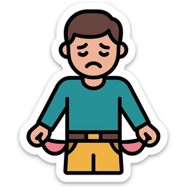 sad man with empty, turned-out pockets colored icon sticker