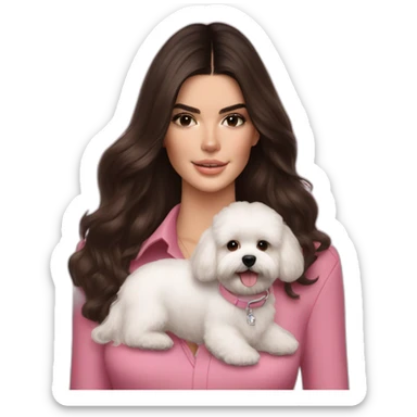 brunette Kendall Jenner with long hair holding white maltipoo in pink collar sticker