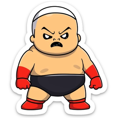 Close-up of white skin fat guy no muscle with prominent black durag, completely shaved face, no beard or mustache, black eyes in a red and black wrestling singlet with angry face sticker