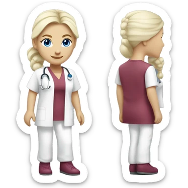 Nurse with platinum blonde hair, wearing hair into a ponytail, blue eyes, burgundy tunic, white pants, pink shoes sticker