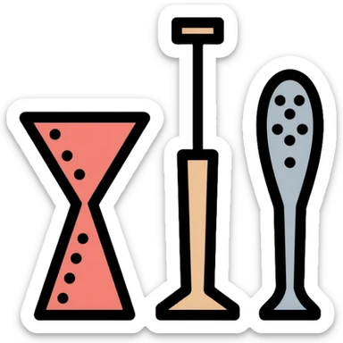 bartending tools including jigger, strainer, and cocktail spoon sticker