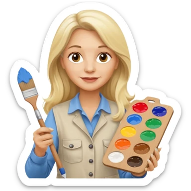 FEMME 55 ANS ET PLUS BLONDE CHEVEUX LONG  ARTISTE PEINTRE AVEC UN PINCEAU sticker