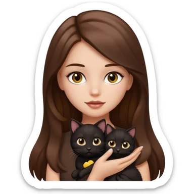 pretty girl with brown long hair and makeup, black kitten in her arms, emoji style sticker