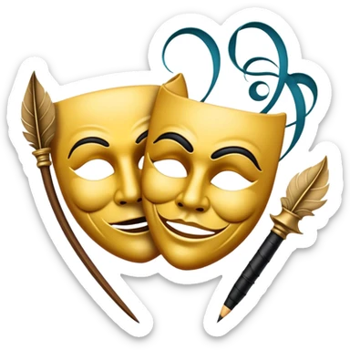 Create a bold and dramatic emoji representing the art of playwriting. The design should feature an open script or a theater playbook, with stylized text lines or dramatic dialogue inside. Include elements like a theatrical comedy and tragedy masks, a stage spotlight, or a writting quill to symbolize creativity and performance. Use deep, contrasting colors like red, black, and gold to evoke the intensity and passion of drama. The overall design should feel dramatic, inspiring, and artistic. Make the background transparent. sticker