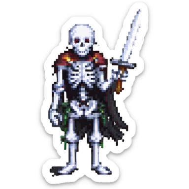 pixel art skeleton with a sword raised, action pose sticker