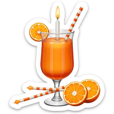 An orange with a horizontal red stripe around the middle. 4 vertical cocktail sticks in the orange with small pieces of candy on the sticks. On top of the orange a small white lit candle. sticker