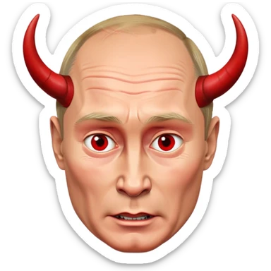 face of Vladimir Putin as a devil with red skin, horns, mischievous expression sticker