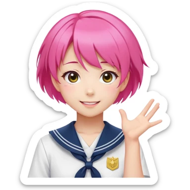 Anime girl with short bright pink hair wearing Japanese sailor style school uniform, composed posture with hand on hip but with excited smile and sparkling eyes, happy expression sticker