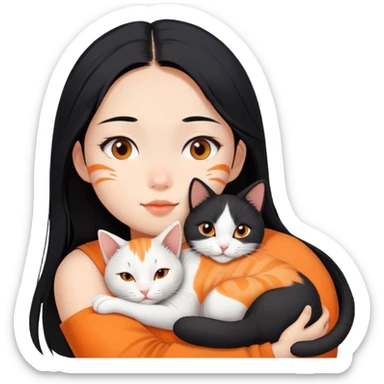 Asian girl with long black hair and the cat is lying on her shoulder, cat is mostly white with orange markings, tender moment sticker
