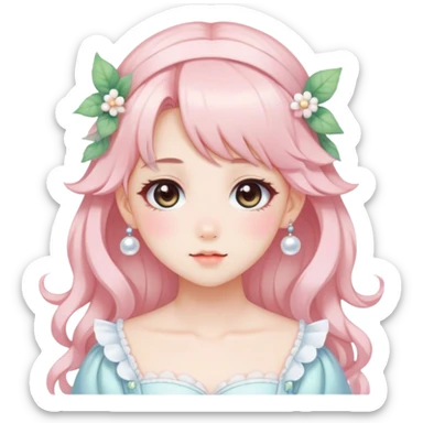 Gorgeous anime style lady with blushing face and accessories cottagecore fairycore Kawaii anime colorful pearly romantic aesthetic trending style sticker
