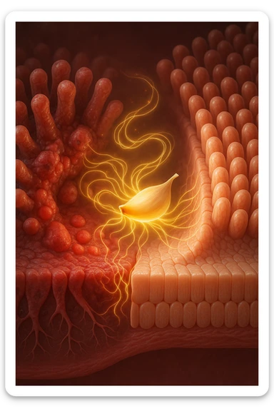 Scientific visualization. A damaged, inflamed section of intestinal lining. A miniature, glowing clove is positioned like a healer, sending out tendrils of golden energy that soothe the inflammation and weave the cellular barrier back together, creating a healthy, sealed surface. sticker