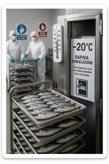 a fish processing facility where freshly caught fish are placed on trays and moved into a large industrial freezer. A temperature gauge shows -20°C, and an educational label explains that rapid freezing (abbattimento) is used to kill Anisakis larvae. The background includes workers in protective clothing and clear signage about food safety. in italiano sticker