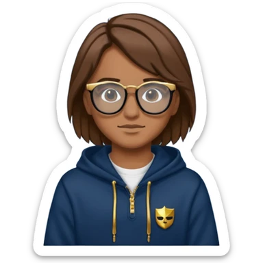 Brown hair with black glasses and the lends of glasses are black and a dark blue hoodie that says caylus kingdom with black pants and a gold chain sticker