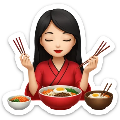 Girl with black long hair with red dress eat bibimbap close eyes chopstick sticker