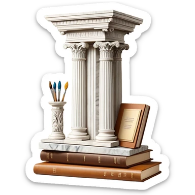 An icon featuring a paint palette, a sculpture, and a book, symbolizing the study of culture and art. The design includes a classical column and a canvas, representing art history and cultural exploration. Transparent background highlights the connection between creativity and history. sticker