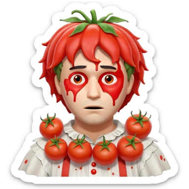 tragic stage performer portrait, head and shoulders only, tomatoes thrown at him, sad embarrassed face, messy costume, cinematic lighting, 3D cartoon, mobile game icon style, clean background, no text, no watermark
 sticker