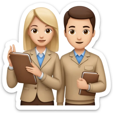 Two team members facing each other, one holding a notepad and the other gesturing, in a collaborative pose sticker