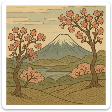 ukiyo-e style illustration of a mountain landscape with cherry blossoms sticker
