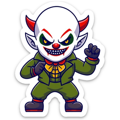 evil clown warrior, bald, very short devil-like horns on forehead, fangs, pointed ears, black and military green leisure suit, battle-ready fighting posture sticker