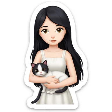 beautiful girl with long black hair wearing a white dress holding a cat in her arms sticker