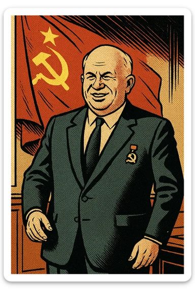 Soviet leader Khrushchev wearing a suit with a Communist Party badge standing in front of a communist flag in his office sticker